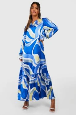 Satin Smock-Midikleid Mit Abstraktem Print -Stil Formen Verkäufe gzz39079 blue xl 2