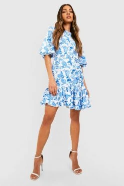 Florales Rüschen-Skaterkleid Mit Weiten Ärmeln 8 Florales Rüschen-Skaterkleid Mit Weiten Ärmeln -Stil Formen Verkäufe gzz39135 blue xl 2