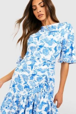 Florales Rüschen-Skaterkleid Mit Weiten Ärmeln 9 Florales Rüschen-Skaterkleid Mit Weiten Ärmeln -Stil Formen Verkäufe gzz39135 blue xl 3