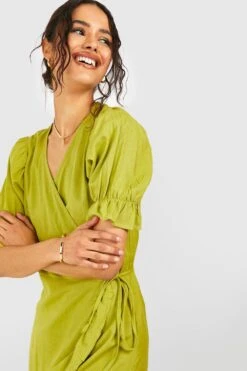 Wickel-Midikleid Mit Rüschen Aus Leinen 9 Wickel-Midikleid Mit Rüschen Aus Leinen -Stil Formen Verkäufe gzz39668 olive xl 3