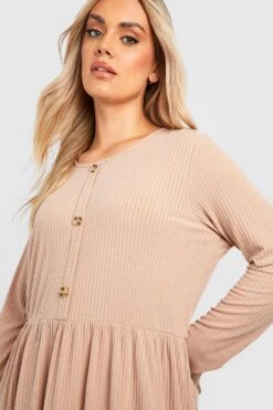 Plus Weiches Geripptes Smokkleid Mit Knöpfen 9 Plus Weiches Geripptes Smokkleid Mit Knöpfen -Stil Formen Verkäufe gzz40814 taupe xl 3