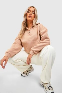 Plus Sweatshirt Mit Doppelten Tasche Und Halbem Reißverschluss 8 Plus Sweatshirt Mit Doppelten Tasche Und Halbem Reißverschluss -Stil Formen Verkäufe gzz41056 taupe xl 2