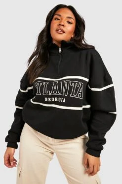 Plus Gestreifter Pullover Mit Halbem Reißverschluss Und Slogan -Stil Formen Verkäufe gzz41060 black xl 2