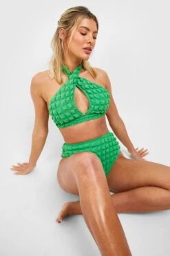 Strukturierter Neckholder-Bikini Mit Hohem Bund