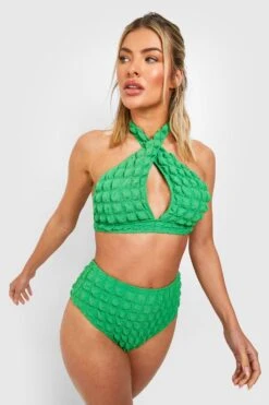 Strukturierter Neckholder-Bikini Mit Hohem Bund -Stil Formen Verkäufe gzz41212 green xl 2