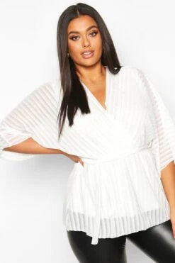 Plus Gestreifte Wickel-Bluse Mit Kimono-Ärmeln -Stil Formen Verkäufe gzz41786 ivory xl 3