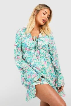 Florales Rüschen-Smokkleid Mit Schnür-Detail