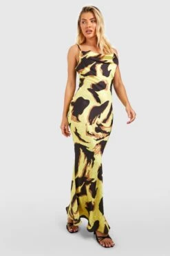 Slip-Maxikleid Mit Print Und Wasserfallausschnitt