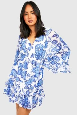 Florales Chiffon-Skaterkleid Mit Rüschensaum