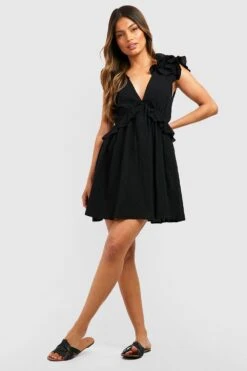 Leinen-Skaterkleid Mit Rüschen Und V-Ausschnitt -Stil Formen Verkäufe gzz42716 black xl 2