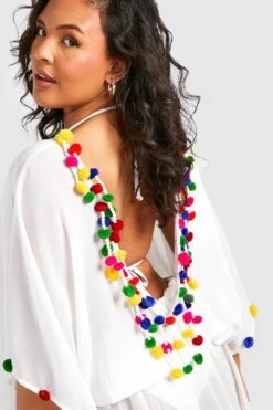 Plus Rundhals-Strandkleid Mit PomPoms -Stil Formen Verkäufe gzz42750 white xl 3