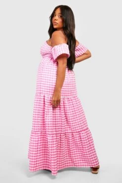 Plus Strukturiertes Gestuftes Bardot-Maxikleid Mit Gingham-Print -Stil Formen Verkäufe gzz43956 pink xl 1