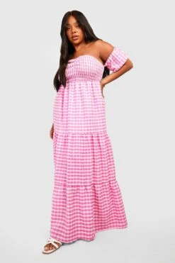 Plus Strukturiertes Gestuftes Bardot-Maxikleid Mit Gingham-Print -Stil Formen Verkäufe gzz43956 pink xl 2