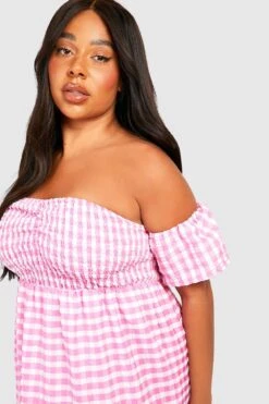 Plus Strukturiertes Gestuftes Bardot-Maxikleid Mit Gingham-Print -Stil Formen Verkäufe gzz43956 pink xl 3