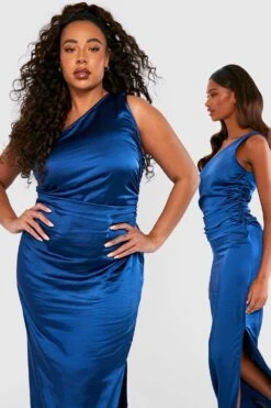 Plus Einärmliges Gerafftes Brautjungfern Satin-Maxikleid