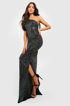 Asymmetrisches Gerafftes Pailletten-Maxikleid