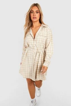 Plus Kariertes Hemd-Kleid Mit Gürtel -Stil Formen Verkäufe gzz44280 stone xl 2