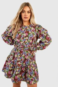 Plus Florales Skater-Kleid Mit Puffärmeln -Stil Formen Verkäufe gzz46296 berry xl 2