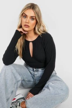 Plus Geripptes Oberteil Mit Keyhole-Ausschnitt -Stil Formen Verkäufe gzz46494 black xl 2