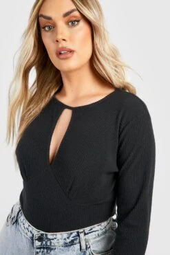 Plus Geripptes Oberteil Mit Keyhole-Ausschnitt -Stil Formen Verkäufe gzz46494 black xl 3