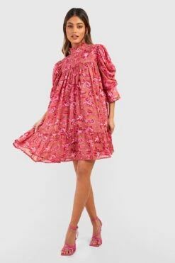 Smokkleid Mit Puffärmeln Und Rüschenkragen -Stil Formen Verkäufe gzz47016 pink xl 2