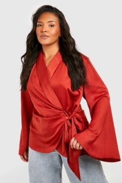 Plus Satin Blazer-Oberteil Mit Weiten Ärmeln Und Wickel-Detail -Stil Formen Verkäufe gzz47183 rust xl 2