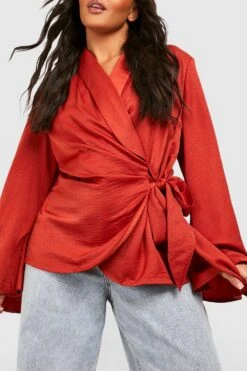 Plus Satin Blazer-Oberteil Mit Weiten Ärmeln Und Wickel-Detail -Stil Formen Verkäufe gzz47183 rust xl 3