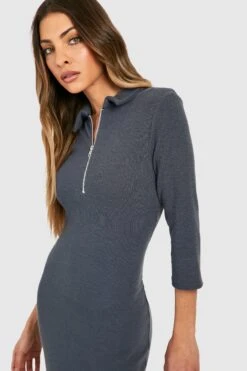 Geripptes Midikleid Mit Polo-Kragen Und Halbem Reißverschluss -Stil Formen Verkäufe gzz48050 charcoal xl 2