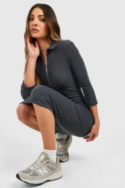 Geripptes Midikleid Mit Polo-Kragen Und Halbem Reißverschluss -Stil Formen Verkäufe gzz48050 charcoal xl 3