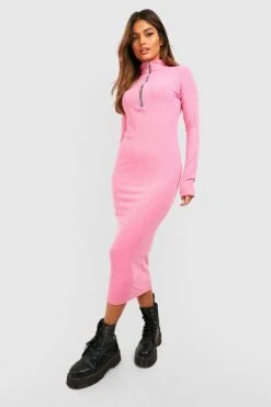 Geripptes Midikleid Mit Halbem Reißverschluss 8 Geripptes Midikleid Mit Halbem Reißverschluss -Stil Formen Verkäufe gzz48096 pink xl 2