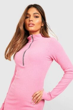 Geripptes Midikleid Mit Halbem Reißverschluss 9 Geripptes Midikleid Mit Halbem Reißverschluss -Stil Formen Verkäufe gzz48096 pink xl 3