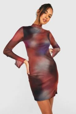 Hochgeschlossenes Gemustertes Mesh Bodycon-Kleid