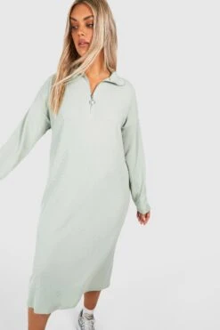 Plus Geripptes Midikleid Mit Halbem Reißverschluss