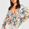 Plus Florale Rüschen Wickel-Bluse -Stil Formen Verkäufe gzz48609 blue xl