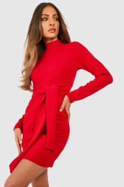 Hochgeschlossenes Minikleid Mit Gürtel 8 Hochgeschlossenes Minikleid Mit Gürtel -Stil Formen Verkäufe gzz48666 red xl 2