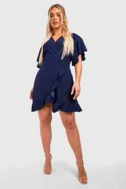 Plus Rüschen Wickel-Skaterkleid Mit Fledermaus-Ärmeln 8 Plus Rüschen Wickel-Skaterkleid Mit Fledermaus-Ärmeln -Stil Formen Verkäufe gzz49744 navy xl 2
