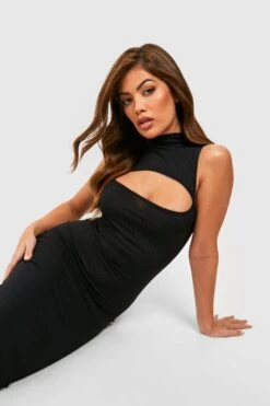 Hochgeschlossenes Geripptes Trägerloses Cut-Out Maxikleid -Stil Formen Verkäufe gzz50515 black xl 2