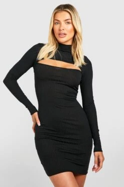 Hochgeschlossenes Geripptes Cut-Out Minikleid