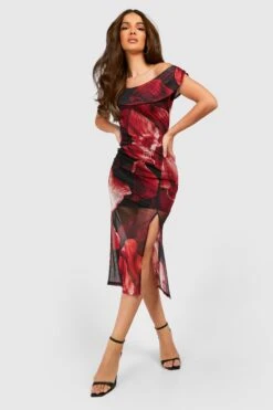 Bardot-Midikleid Aus Mesh Mit Geteiltem Saum Und Print