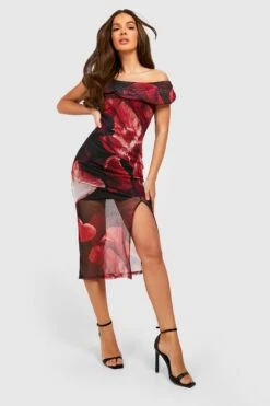 Bardot-Midikleid Aus Mesh Mit Geteiltem Saum Und Print -Stil Formen Verkäufe gzz50603 black xl 2