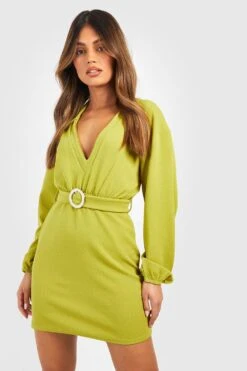 Kleid Aus Crepestoff Mit Gürtel Und Kragen -Stil Formen Verkäufe gzz50803 olive xl 2