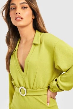 Kleid Aus Crepestoff Mit Gürtel Und Kragen -Stil Formen Verkäufe gzz50803 olive xl 3