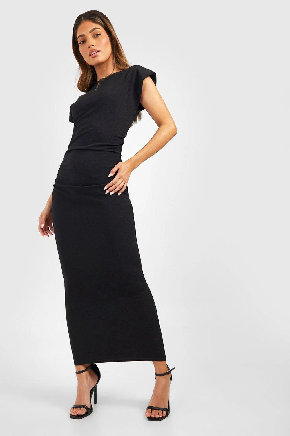 Gerafftes Midikleid Aus Crepestoff Mit Schulterpolstern 5 Gerafftes Midikleid Aus Crepestoff Mit Schulterpolstern – Bild 3