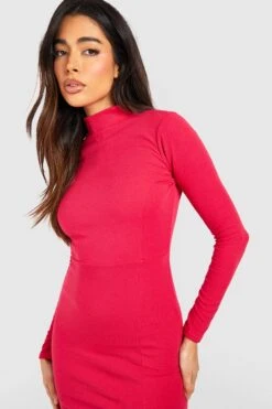 Langärmliges Hochgeschlossenes Midikleid In Knitteroptik Mit Schlitz Vorne -Stil Formen Verkäufe gzz50807 magenta xl 3