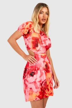 Florales Cut-Out Kleid Mit Puffärmeln -Stil Formen Verkäufe gzz51215 pink xl 2