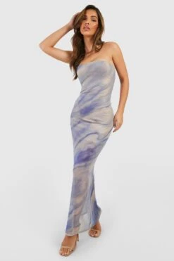 Bandeau-Maxikleid Aus Mesh Mit Marmor-Print