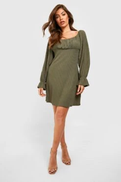 Langärmliges Geripptes Smokkleid Mit Geraffter Brust -Stil Formen Verkäufe gzz51319 washed20khaki xl 2