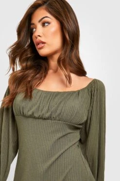 Langärmliges Geripptes Smokkleid Mit Geraffter Brust -Stil Formen Verkäufe gzz51319 washed20khaki xl 3