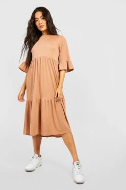 Geripptes Midi-Smokkleid Mit Rüschen-Ärmeln -Stil Formen Verkäufe gzz51463 camel xl 2