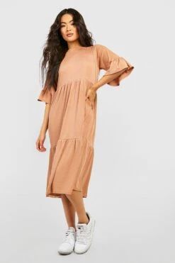 Geripptes Midi-Smokkleid Mit Rüschen-Ärmeln -Stil Formen Verkäufe gzz51463 camel xl 3